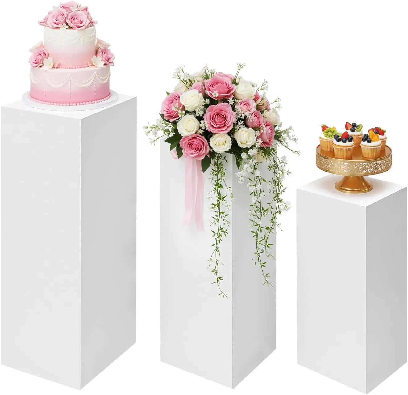 3PCS Square Pedestal Stand White Display Stands Pillars for Wedding, Metal Plinths Dessert Table Display Column Decoration