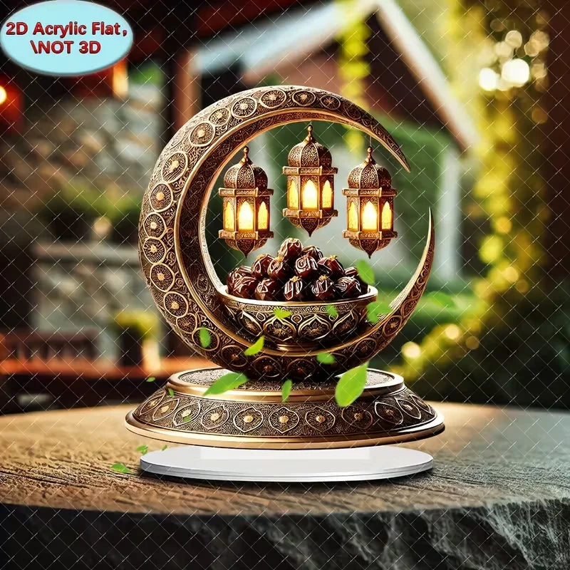 2D flat golden crescent lantern elegant desktop decoration, perfect for Islamic home and office decor, perfect for Ramadan
