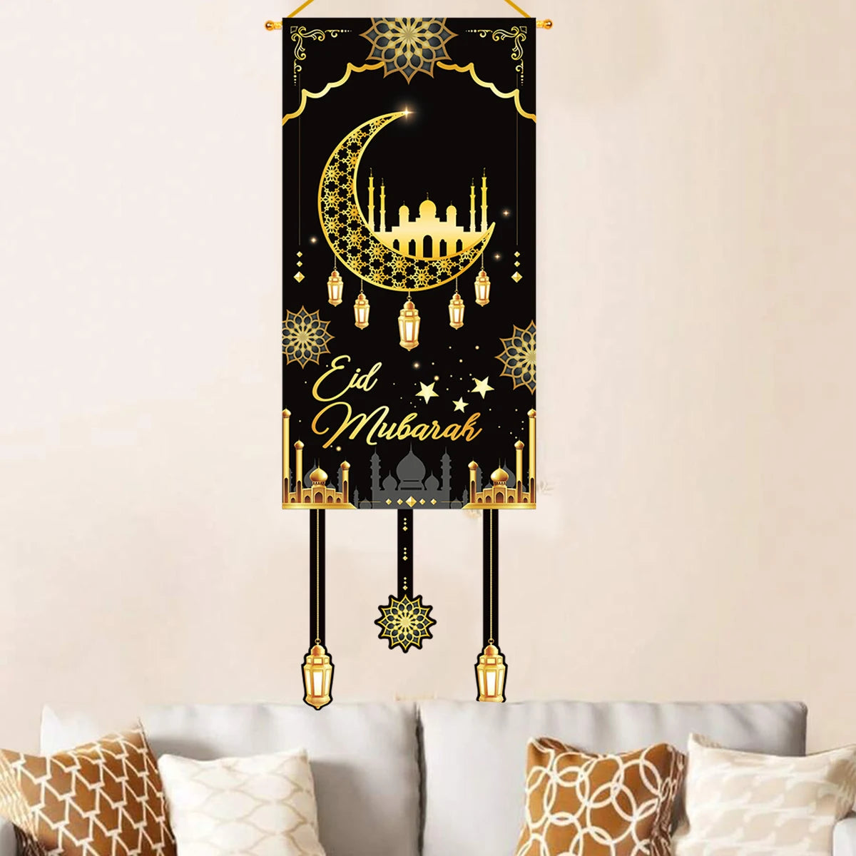Ramadan Kareem Moon Chandelier Door Hanging Flag Eid Mubarak Decor 2025 For Home Islamic Muslim Party Favors Castle Wall Banner