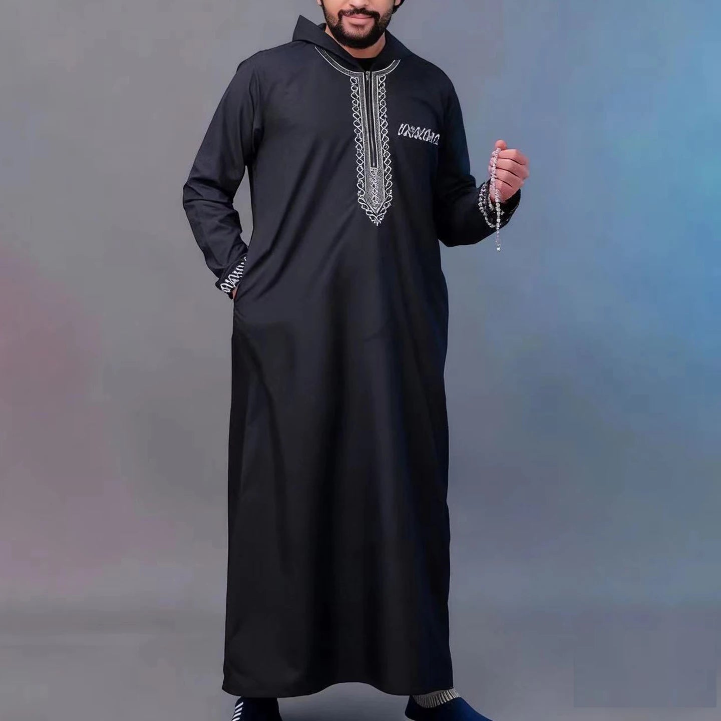 New Islamic Muslim Men's Thobe Long-Sleeved Classic Embroidery Robe Arabic Ethnic Style Men's Casual Formal Robe Prayer Dress
