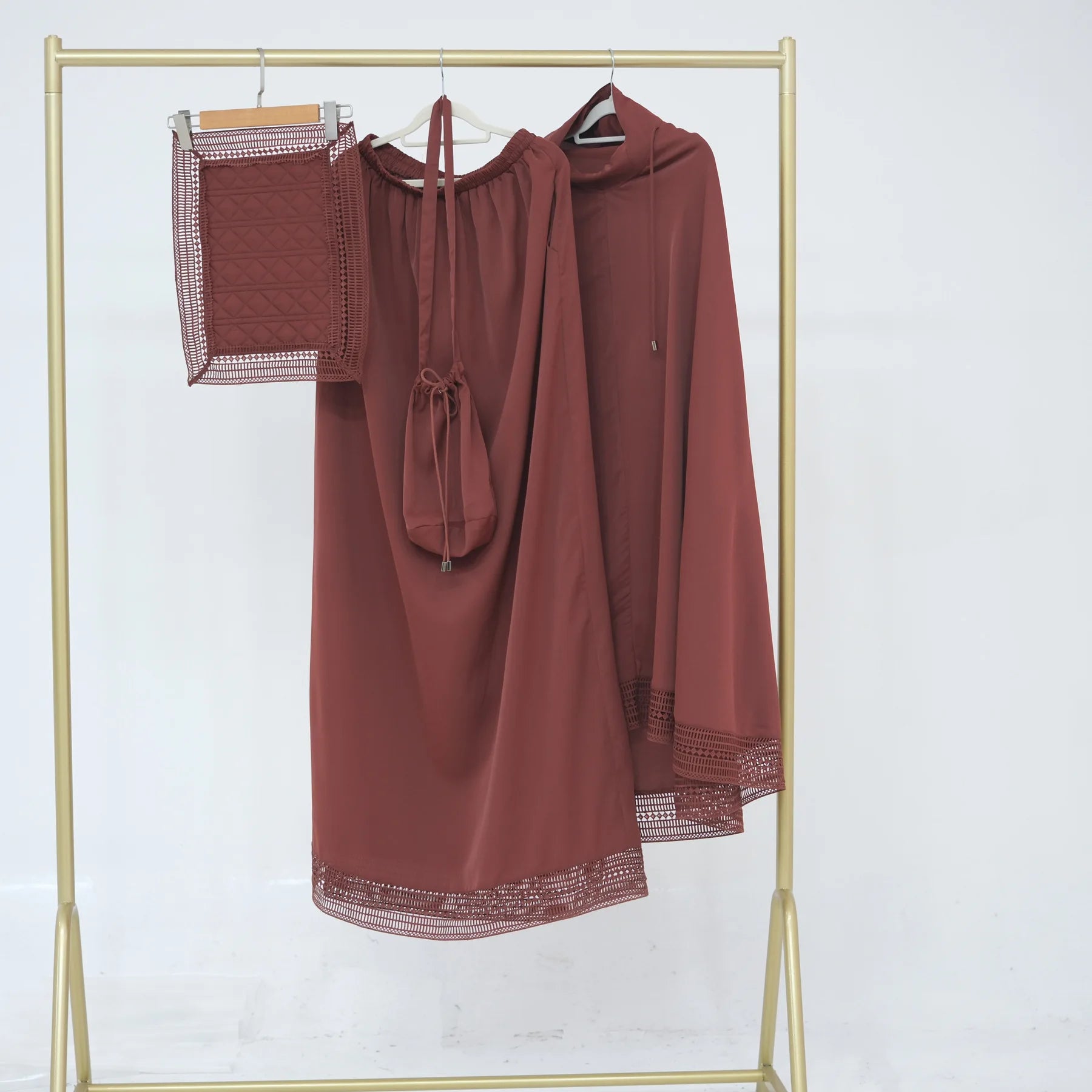 Muslim 4 Piece Set Women Skirts Headscarf Lace Storage Bag Prayer Pad Suit Eid Ramadan Morocco Dubai Hijab Long Skirt Outfits