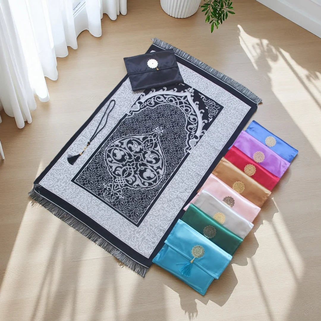 Muslim Prayer Rug and Prayer Beads with Bag Janamaz Soft Sajadah Islamic Gifts Set Portable Prayers Carpet Mat Taffeta Fabric