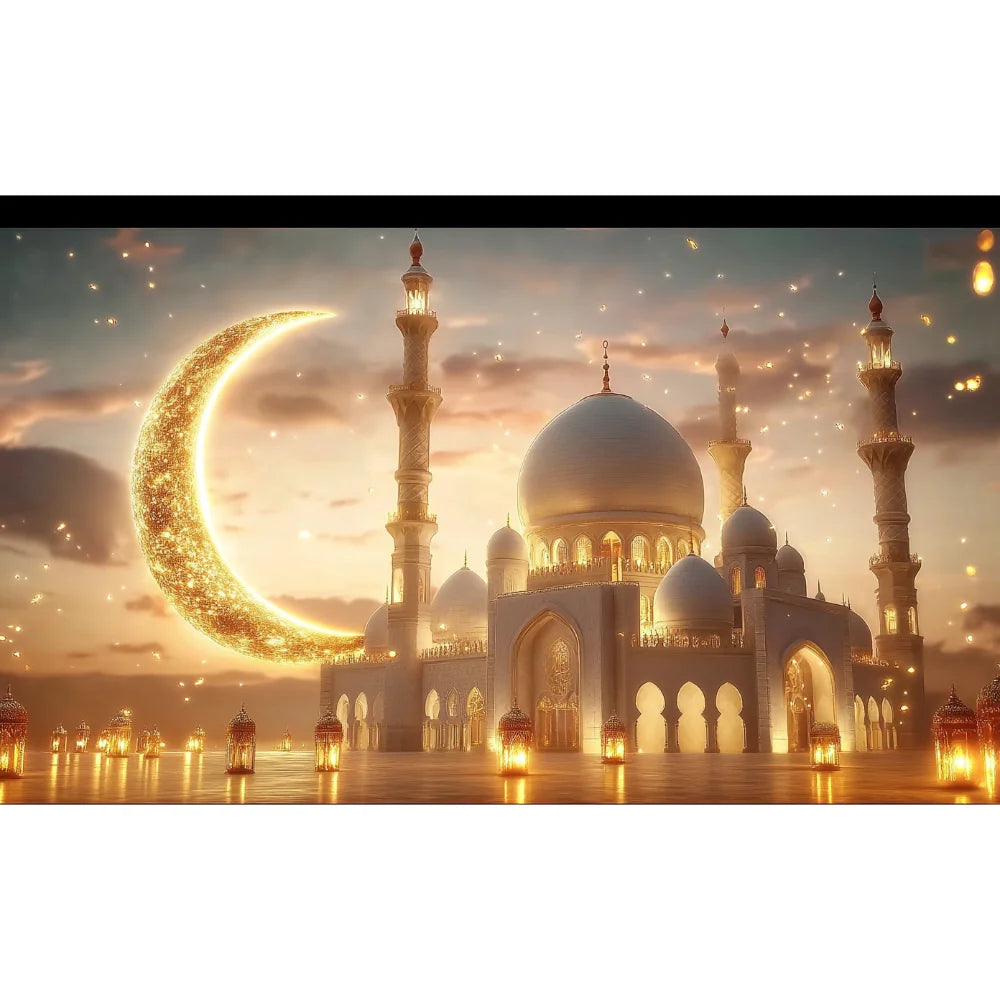 Golden Moon Eid Mubarak 2025 Decor Banner Background Lights Ramadan Kareem Islamic Building Muslim House Party Photo Backdrop