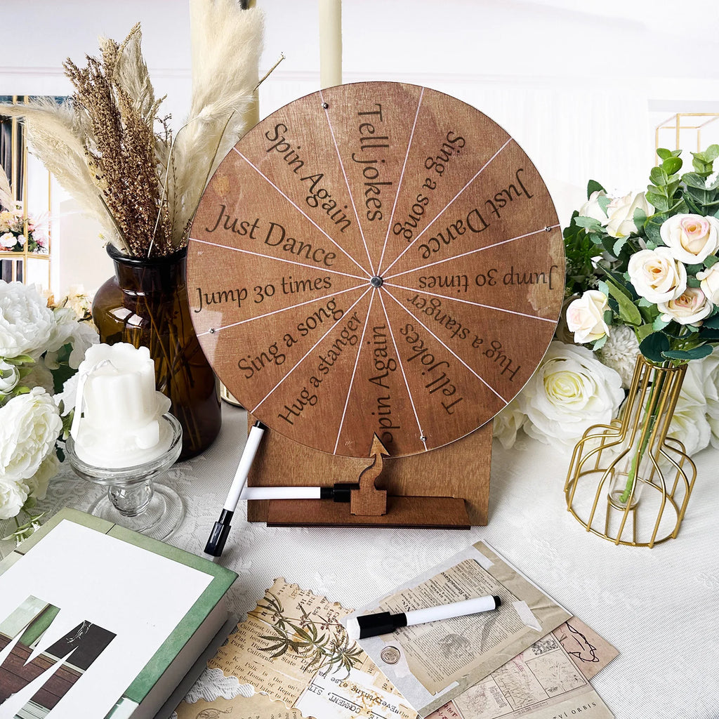 Wedding Challenge Spinning Wheel, Wooden Prize Tabletop Spinner Erasable Raffle Spinning Wheel for Wedding School Home Party
