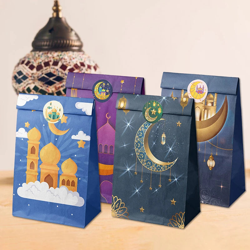 12/24Pcs Ramadan Party Decoration Eid Mubarak Gifts Bag with Stickers Gift Packaging Bags 2026 Islamic Muslim Party Supplies