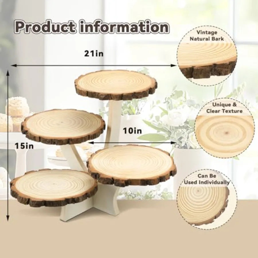 4 Tier Round Natural Wood Cupcake Dessert Stand Cup Cake Tower Stand Holder Wooden Cake Display Tiered Centerpiece for Party Bi