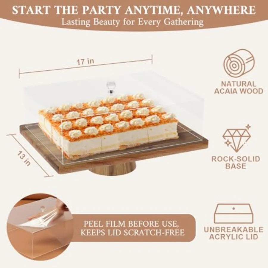 Acacia Wood Cake Stand with Lid, 3 in 1 Rectangular Cake Holder, Wooden Cake Plate with Strong lagnetic Base, Dessert Table Disp