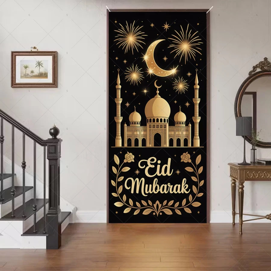 Ramadan Eid Door Cover Backdrop Supplies Moon Mosque Background Islamic Muslim Festival Theme Party Decoration Photography Props