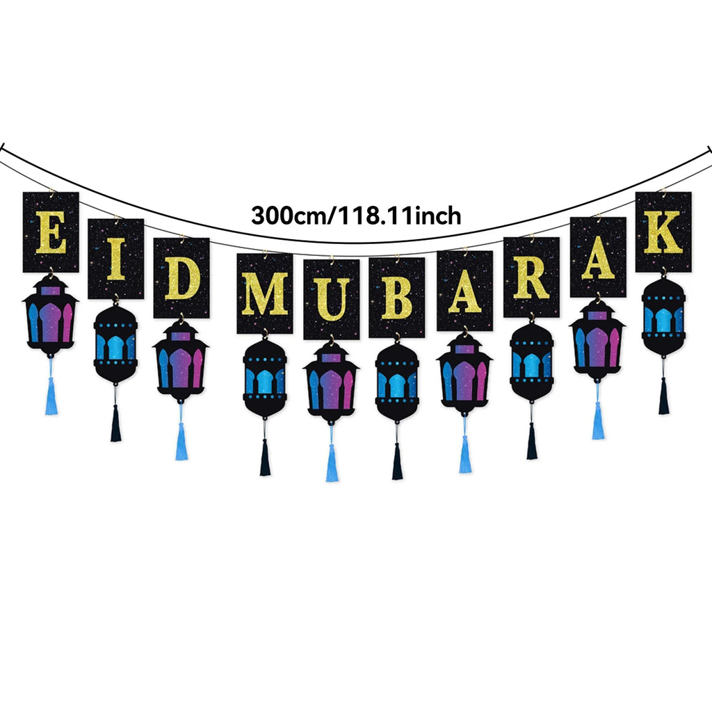 Eid Mubarak Banner with Lantern Tassels Ramadan Kareem Islamic Festival Party Decor Muslim Home Wall Hanging for Eid Adha Gifts