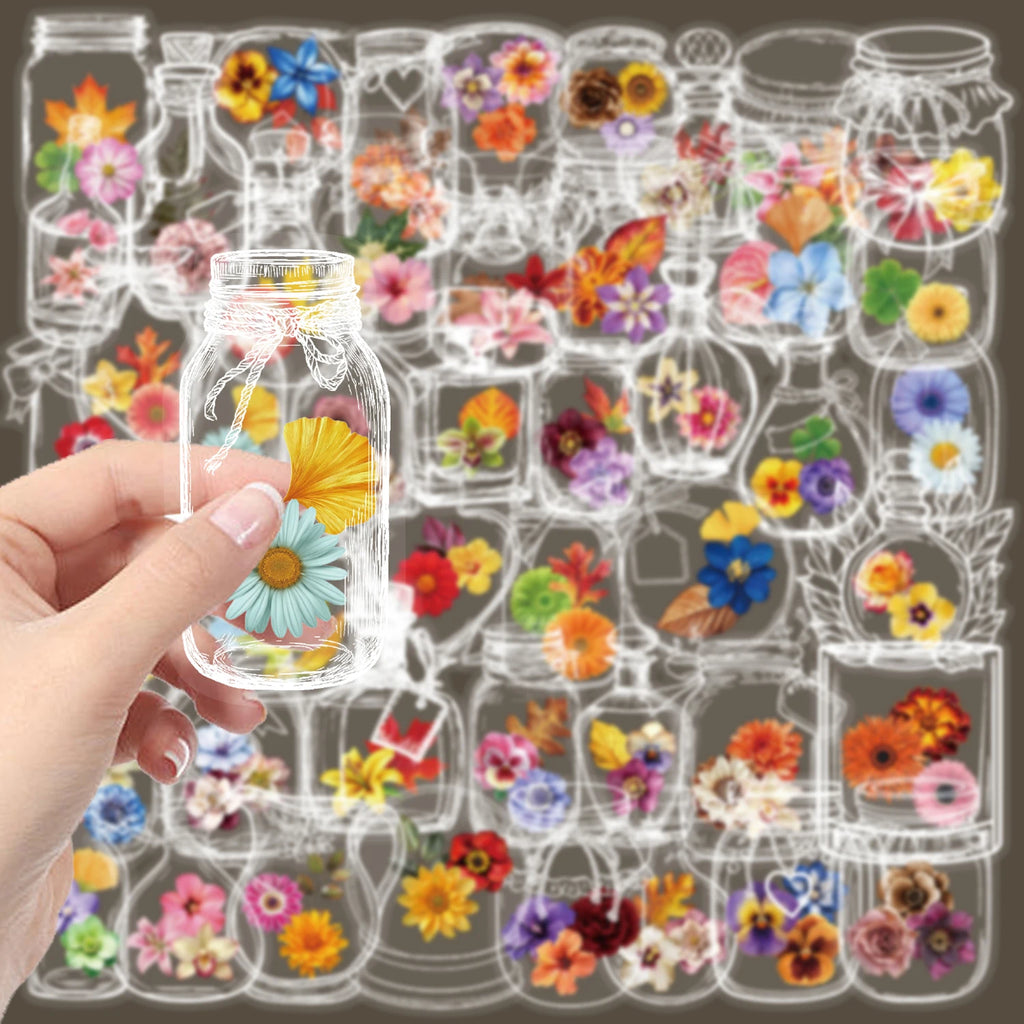 50/100PCS Glass Bottles with Dried Flower PET Sticker Waterproof Oil proof Transparent Romantic Art Colorful Flower Gift