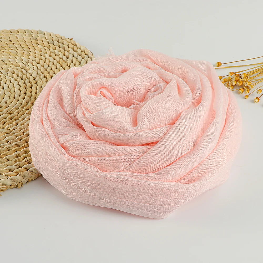 Solid Cotton Linen Hijabs Scarf Women Maxi Muslim Plain Frayed Scarf Shawls Wraps Headwear Oversize Pashmina Headscarf Headband