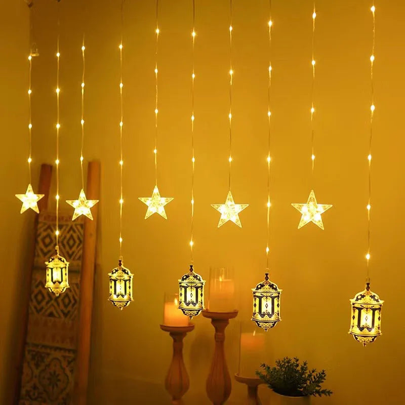 2026 Eid Al-Fitr Mubarak LED String Lights Moon Stars Curtain String Lights Islamic Ramadan Kareem Decoration for Home Garden