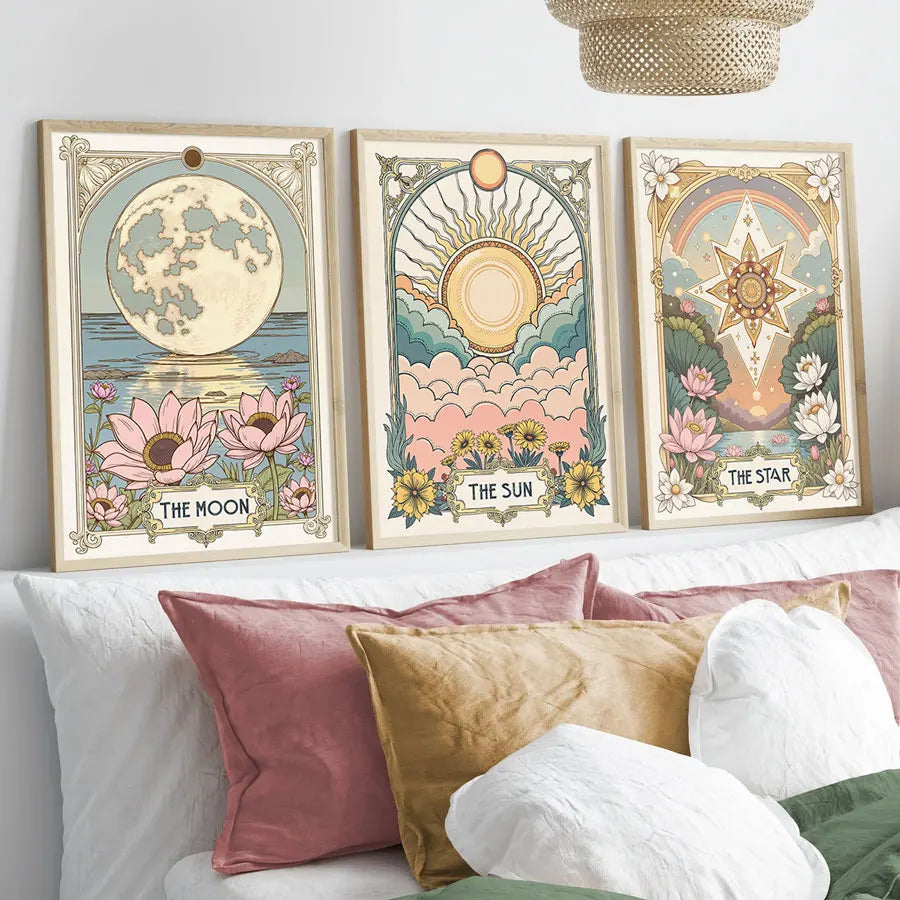 Set of 3 Retro Sun, Stars and Moon Tarot Cards Art Prints, Retro Flower and Plant Wall Decorations, Bohemian Flower Canvas Posters, Celestial Wall Decorations, Living Room, Bedroom, Kitchen, Office, Cafe, Bar, Dormitory, Corr