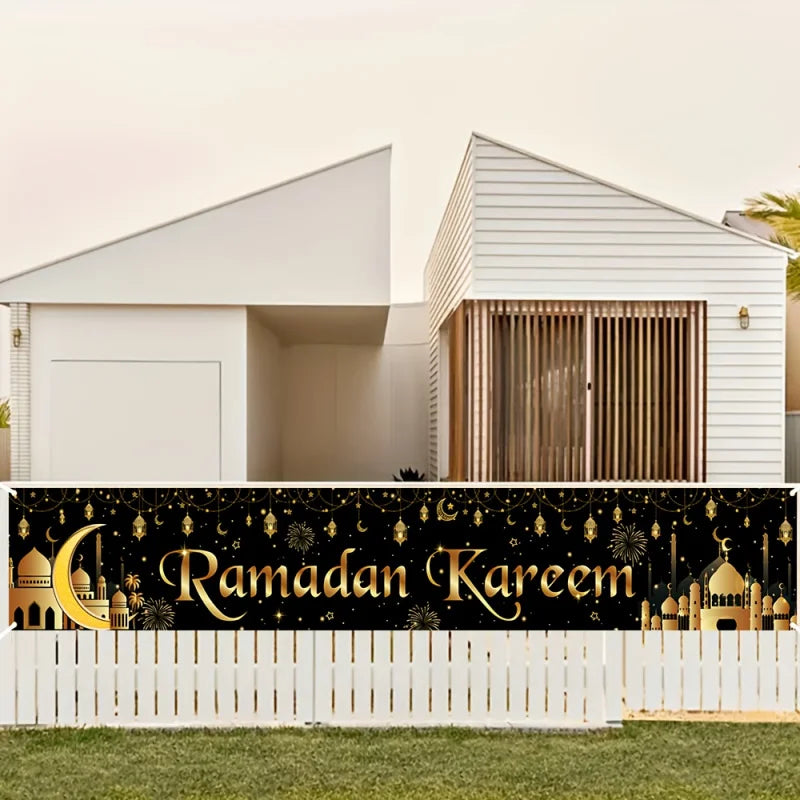 VIKAMA Ramadan Karim Banner Tapestry Black Gold Star Moon Mosque Eid al Fitr Outdoor Courtyard Festival Party Decoration