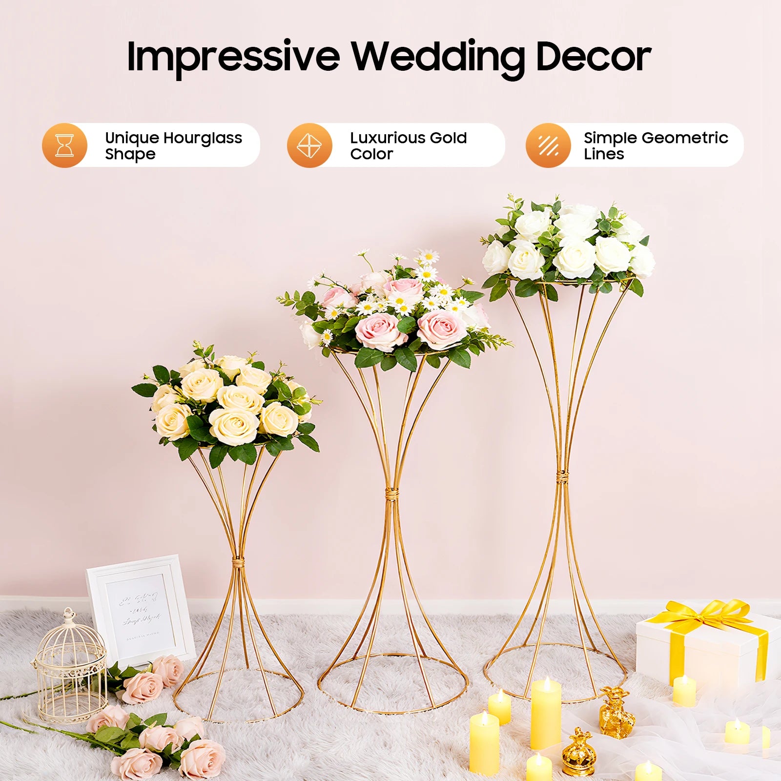 3PCS Hourglass-Shaped Golden Vase, Metal Wedding Centerpieces Vase, Flower Road Lead Stand for Table Wedding Party Banquet