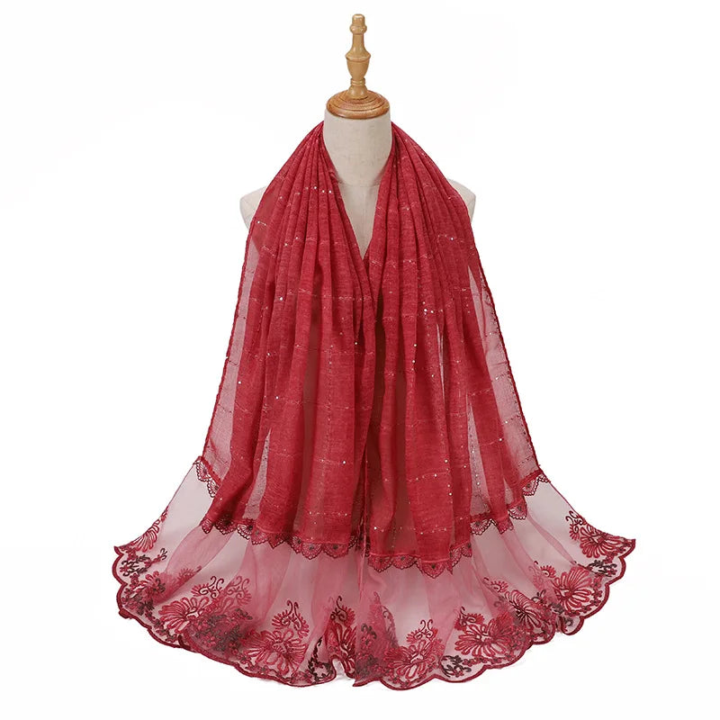 New Designers Lace Scarf Women Luxury Hijabs for Woman Bandana Shawl Veil Comfort Wear Paillette Embroidery Scarves Wrap Hijabs