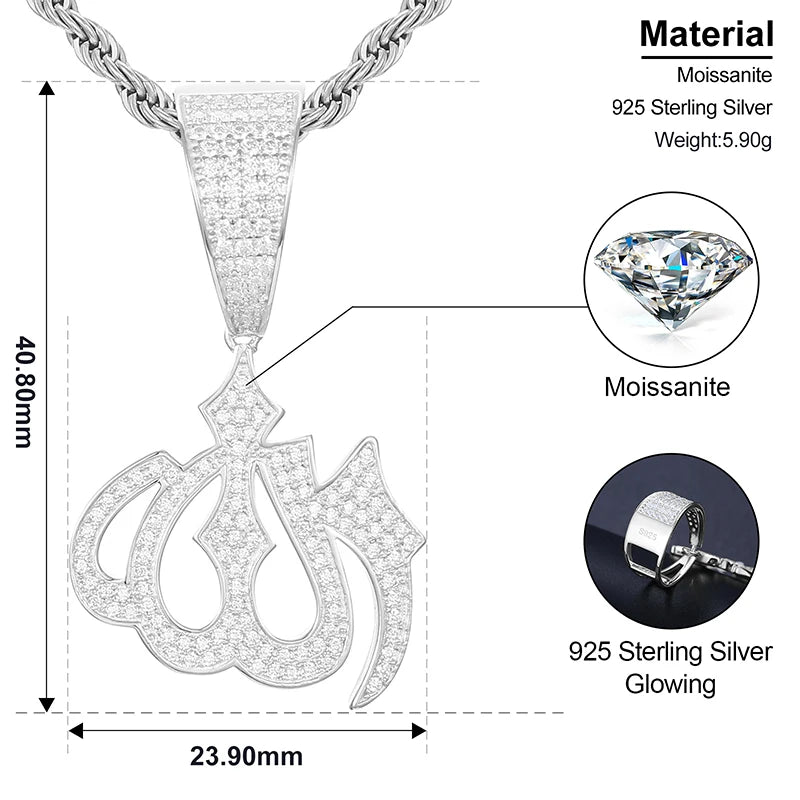 Moissanite Sparkling Full Diamond Islam Muslim Rune Pattern Pendant Allah Religious Necklace 925 Sterling Silver Men's Jewelry