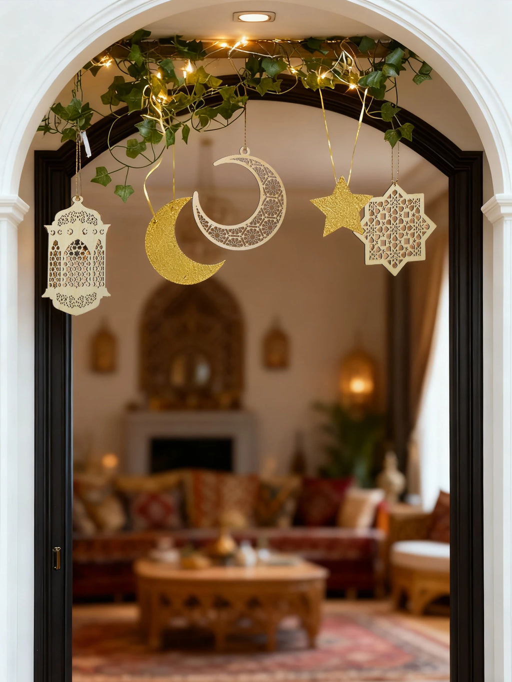 Ramadan Doorway Decor Golden Moon Star Lantern Hanging Ornaments with LED String Islamic Eid Festival Home Entrance Party Gifts