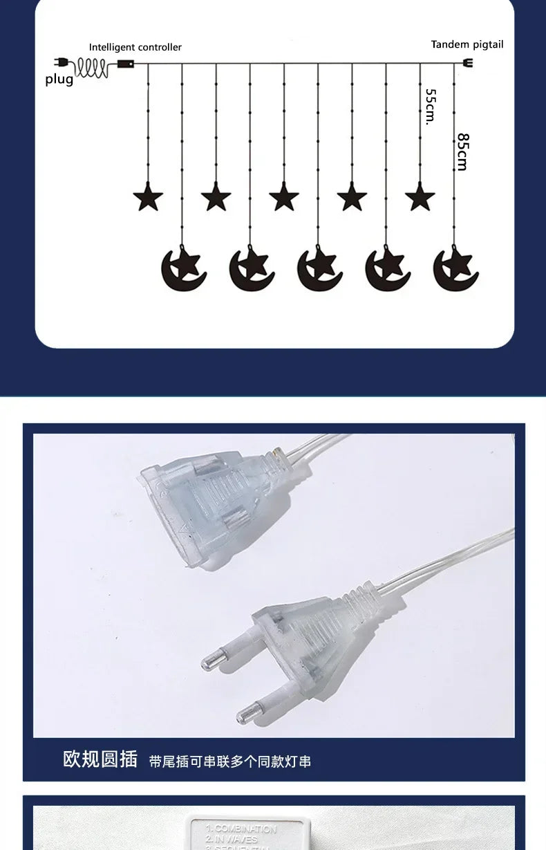 LED Moon and Star Window Curtain Lights USB Powered 8 Lighting Modes with Timer Function Ideal for Ramadan Thanksgiving