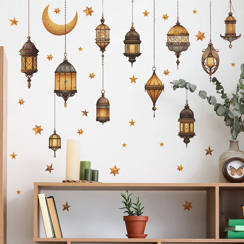 Eid Mubarak Wall Stickers Moon Star Lantern Ramadan Kareem Wall Decals Muslim Islamic Window Sticker Decorations for Home 2024