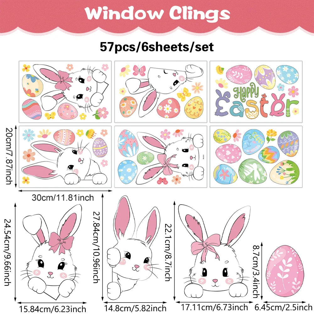 6 Sheets Happy Easter Decorations Window Clings Bunny Eggs No Glue Stickers Static Glass Decal Spring Party Home Decor Kids Gift
