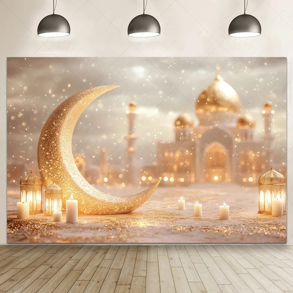 Ramadan Eid Mosque Photo Booth Backdrop Customizable Islamic Party Decoration Green Gold Banner Photography Studio Background