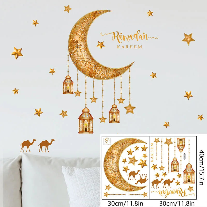 Ramadan Kareem Wall Stickers Moon Star Lantern Wall Decal 2024 Eid Mubarak Decorations for Home Muslim Islamic Party Decorations