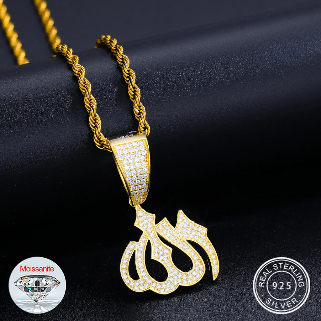 Moissanite Sparkling Full Diamond Islam Muslim Rune Pattern Pendant Allah Religious Necklace 925 Sterling Silver Men's Jewelry