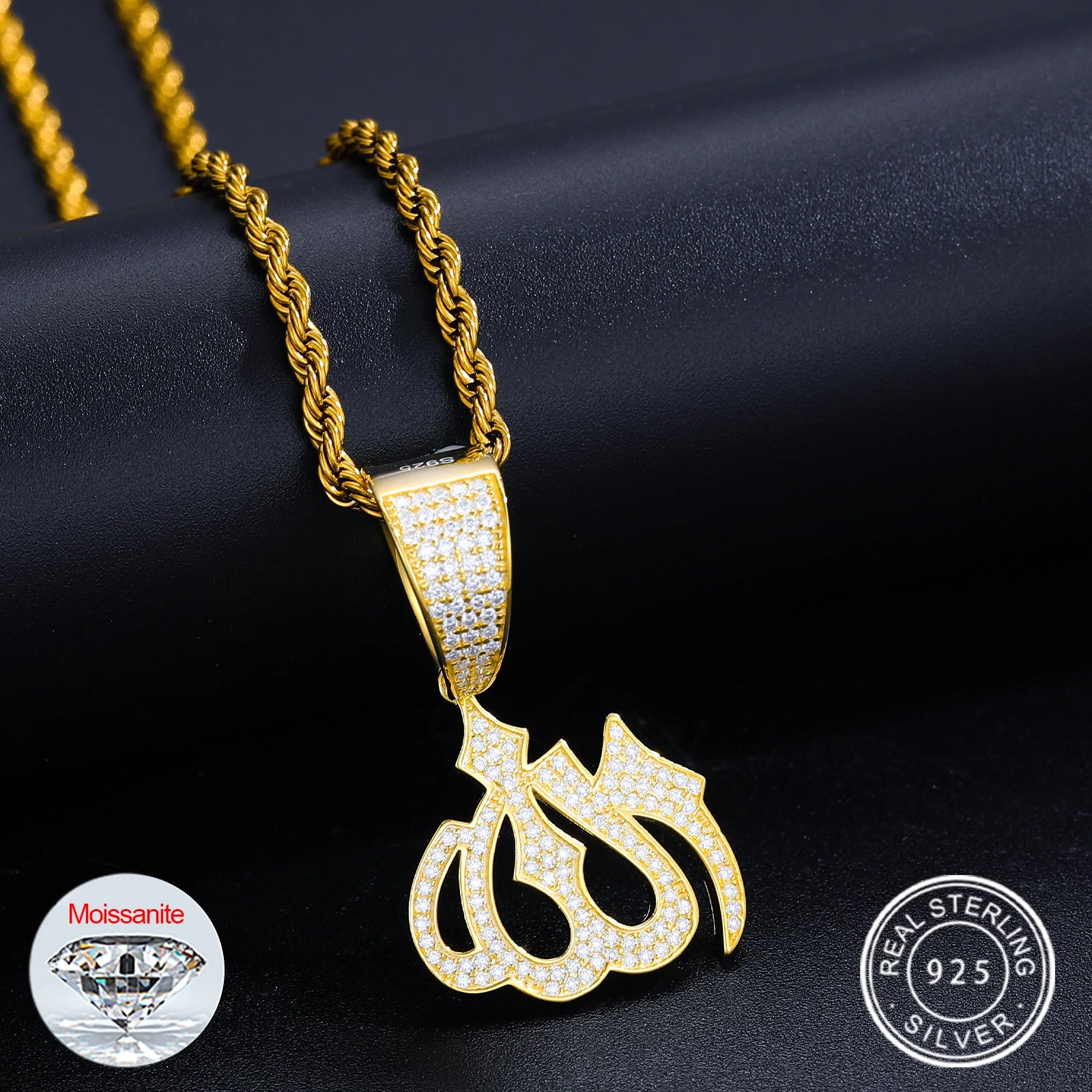 Moissanite Sparkling Full Diamond Islam Muslim Rune Pattern Pendant Allah Religious Necklace 925 Sterling Silver Men's Jewelry