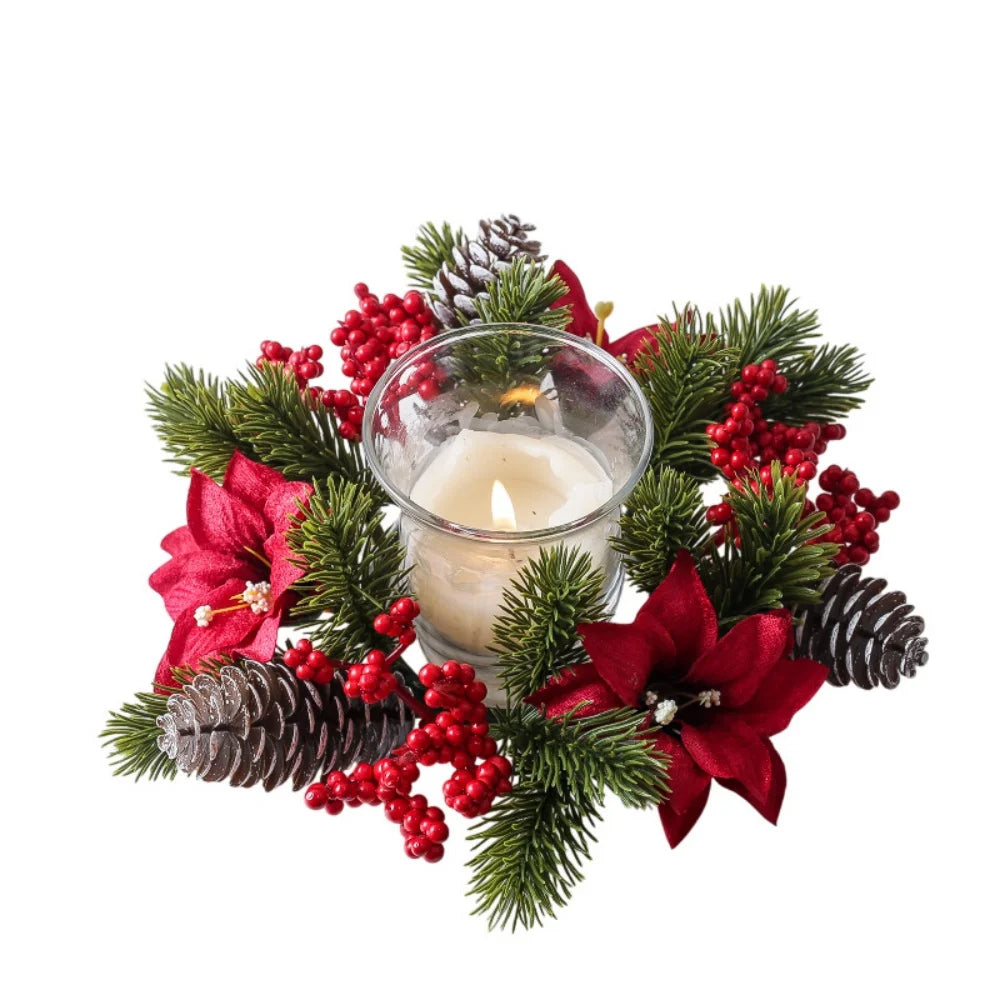 Red Berry Wreath Classic Candle Holder Decorative Ring Festive Pinecone Decoration For Table Decor Holiday Gathering Christmas