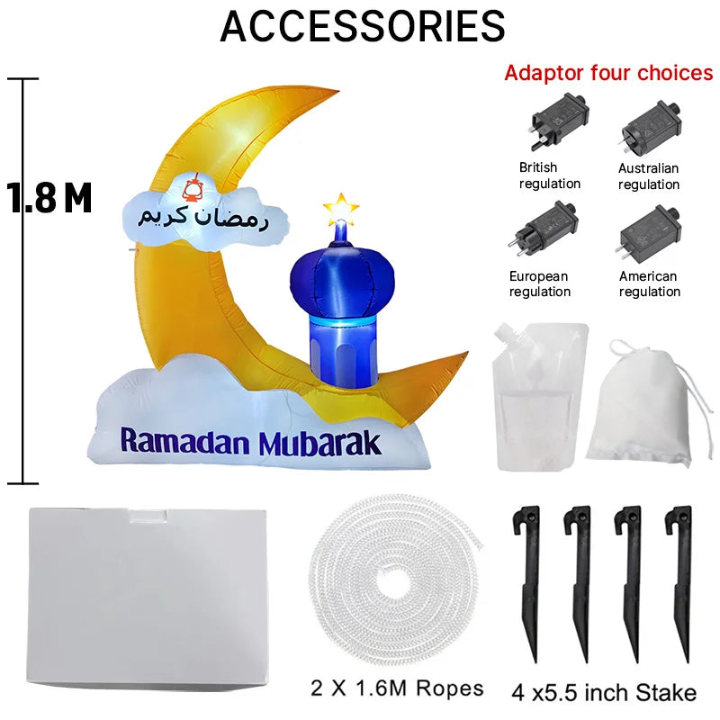 Ramadan Decoration 2025 Inflatables Eid Mubarak Crescent Moon & Star Minaret LED Lights Indoor Outdoor Garden Shop Cafe Decor