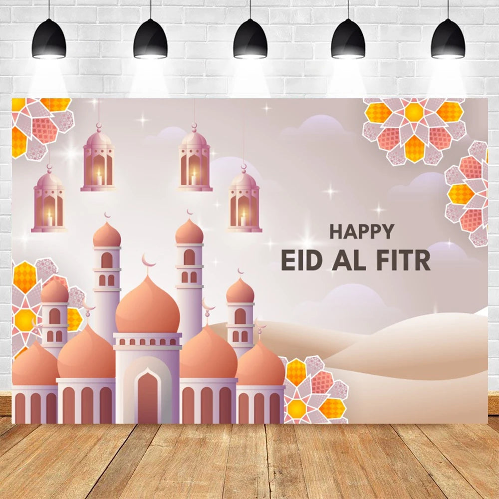 Ramadan Kareem Photography Backdrop EID Mubarak Islamic Mosque Lamps Moon Star White Cloud Photo Background Studio Poster Decor