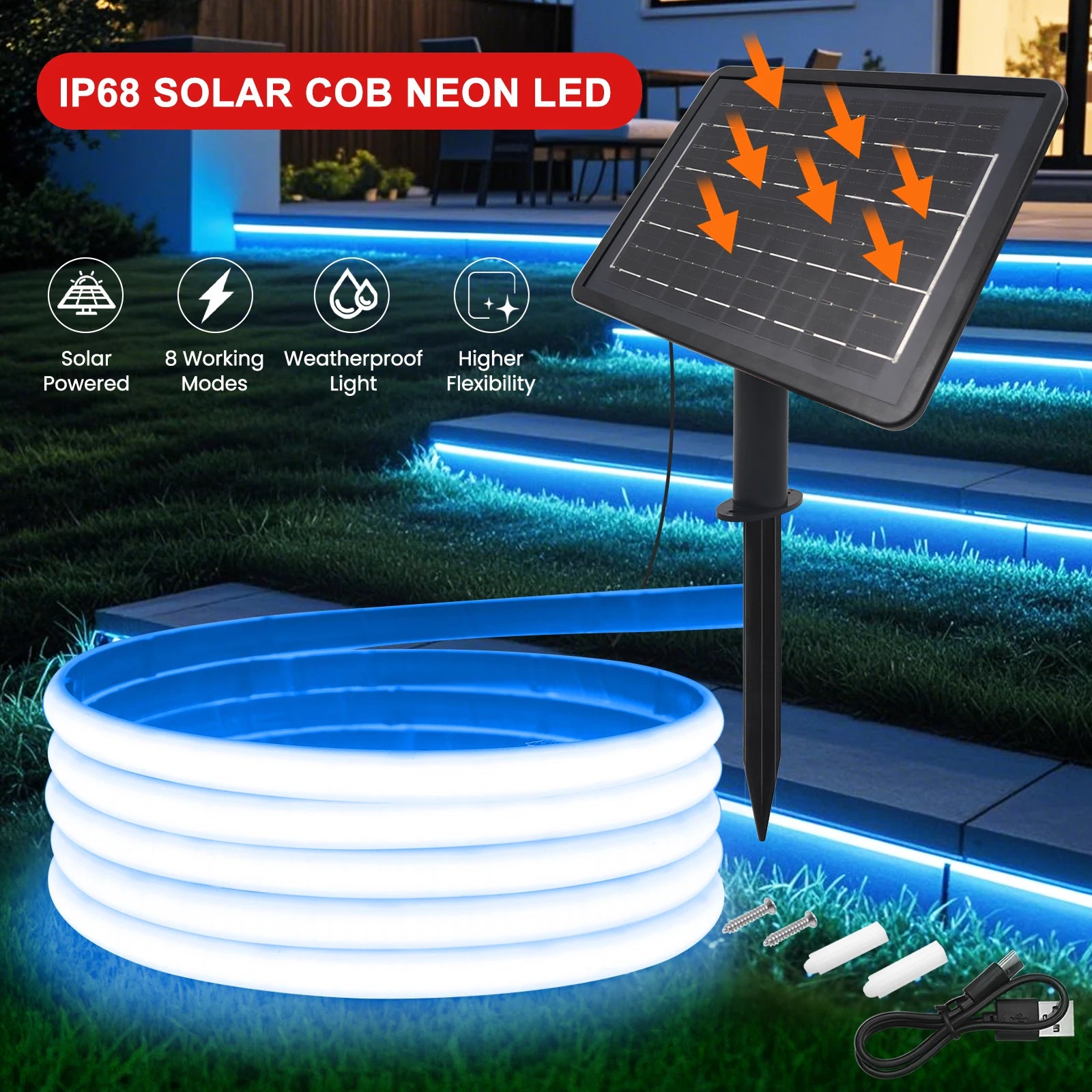 IP68 Waterproof Solar Powered COB Neon Strip 24V 320Leds 3000K 4000K 6000K Red/Green/Blue/Yellow Flexible Ribbon Rope LED Light