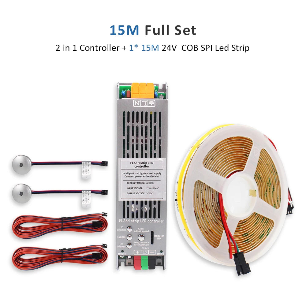 5M 10M 15M WS2811 COB Running Water Strip Light for 24V 400W PIR Motion Sensor LED Stair Controller Staircase Lighting Decor