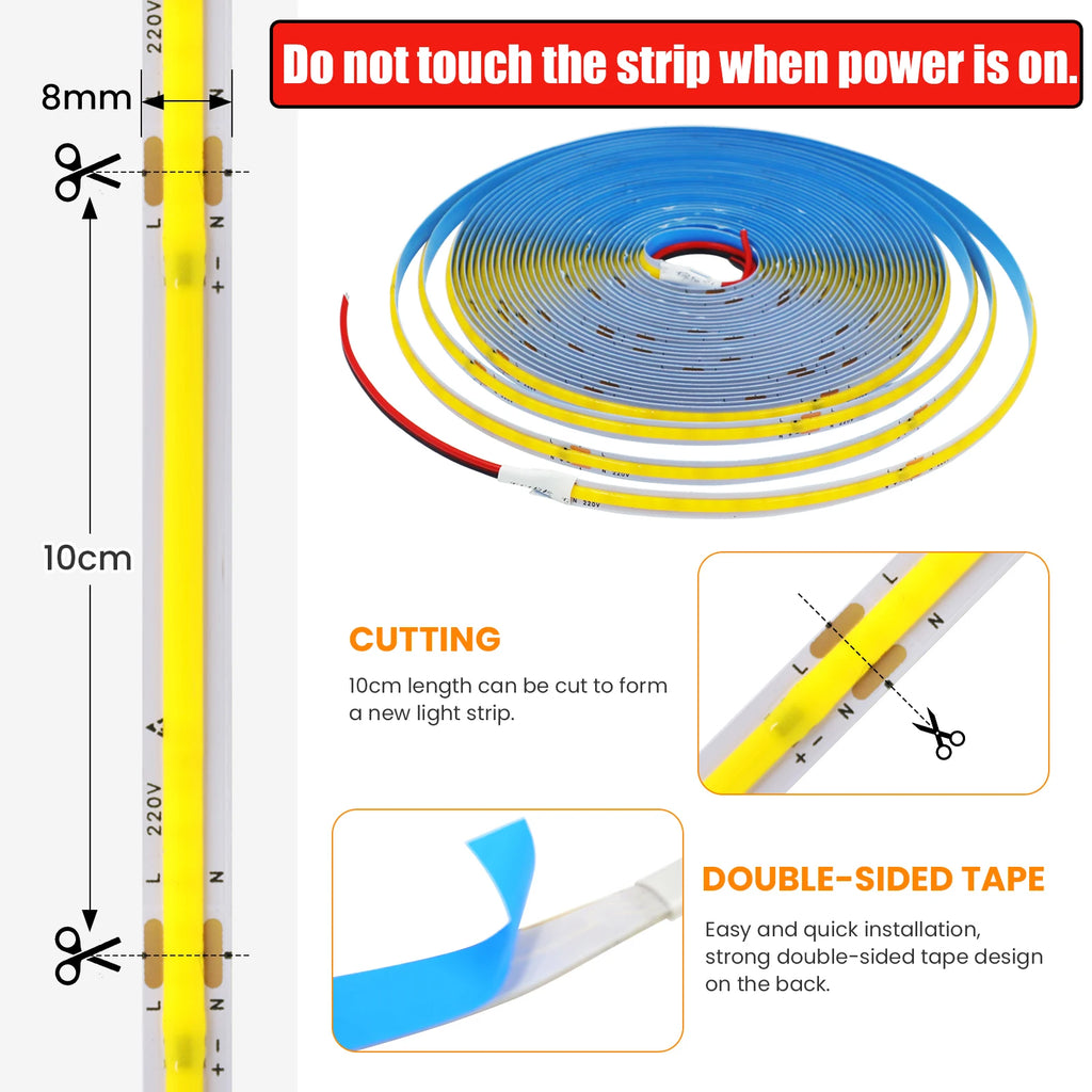AC 220V COB Strip 240Leds/M 5M 10M 20M 50M/Roll Red/Green/Ice Blue/Pink/White/Purple Flexible Ribbon LED Light For Home Decor