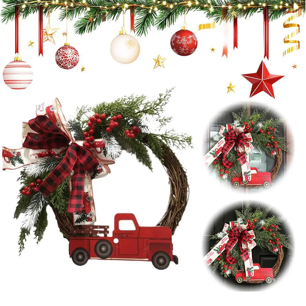1pcs Farmhouse Christmas Wreath 35x43cm Red Truck Straw Decor Door Hanger For Home Indoor Outdoor Holiday Christmas Decoration