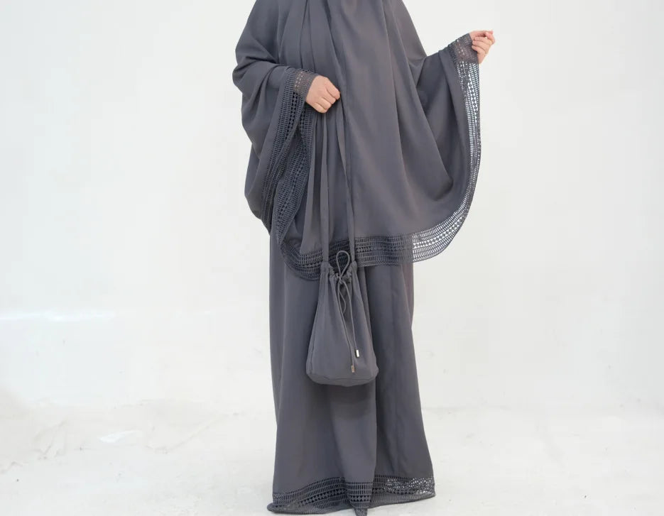 Muslim 4 Piece Set Women Skirts Headscarf Lace Storage Bag Prayer Pad Suit Eid Ramadan Morocco Dubai Hijab Long Skirt Outfits