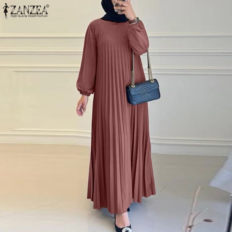 2025 ZANZEA Islamic Hijab Women Abaya Robe – Elegant O-Neck A-Line Dress