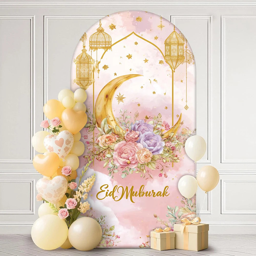 Pink Ramadan flower arch background cloth party decoration festival home decor EID Mubarak Flower Moon Star Light banner gift