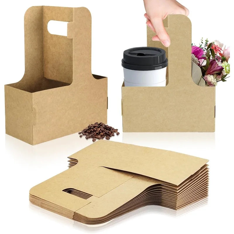 15 Count 2-Cup Disposable Drink Carrier - Brown Kraft Paperboard Holder w/Handle for Hot/Cold Drinks, Coffee, Food Delivery