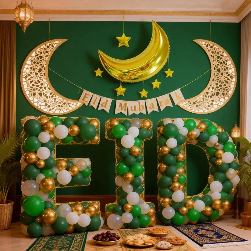 106Pcs Eid Mubarak Balloon Arch Kit, Dark Green Platinum Latex Balloons, with Moon Star Foil Balloon Decorations, for Ramadan Festival Party Decorations Eid Celebration Decorations