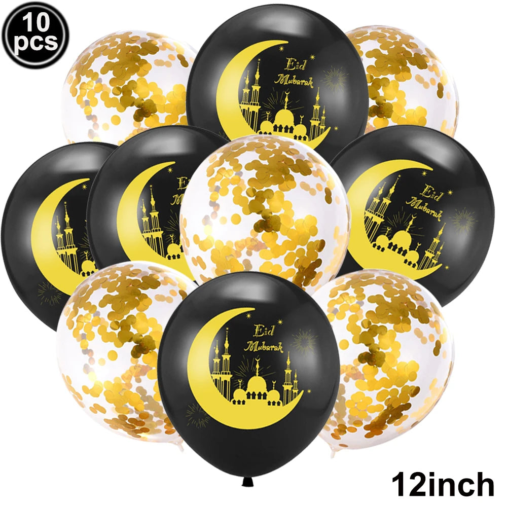 12inch Eid Mubarak Party Decorations Happy Eid al-Fitr Latex Balloons Gold Purple Black Moon Castle Print Confetti Balloons