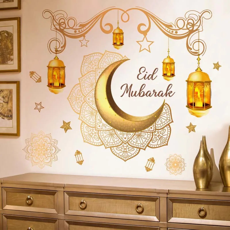 Ramadan Kareem Wall Stickers Moon Star Lantern Wall Decal 2024 Eid Mubarak Decorations for Home Muslim Islamic Party Decorations
