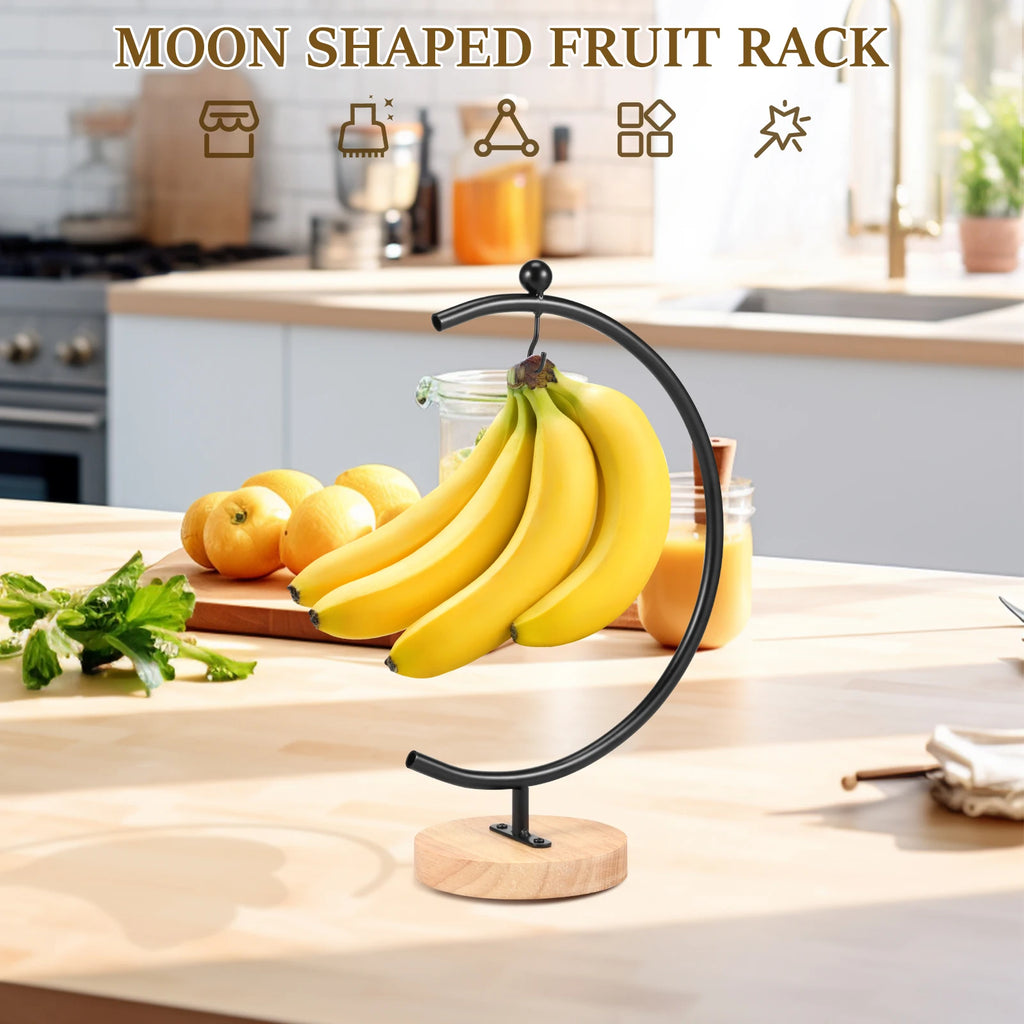 Banana Holder Stand Moon Shape Banana Hanger Rack Metal Fruit Hanger with Wood Base Stable Banana Hanger Stand Decorative