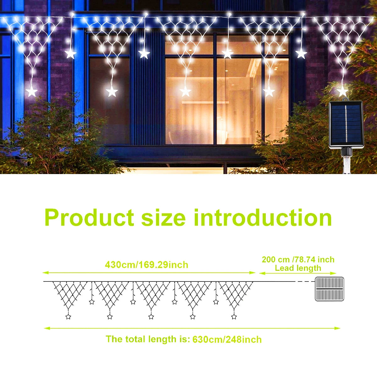 Solar Christmas Decorative String Light LED Pentagram Ice Strip Curtain Lights, 8 Modes, Outdoor Waterproof Garden Eave Decorative