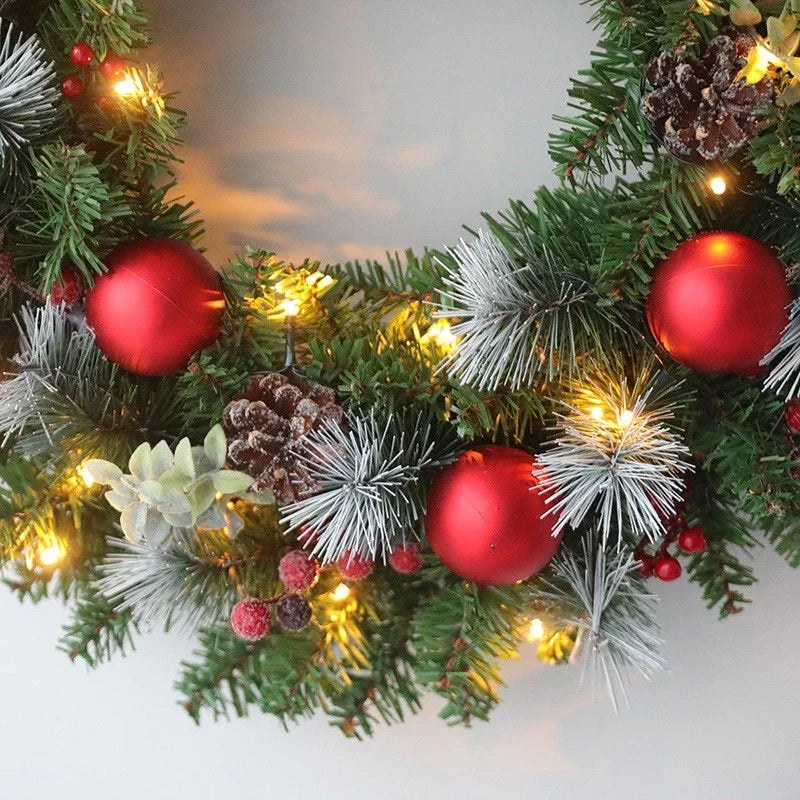Christmas Wreaths For Front Door With String Lights 35/40cm Christmas Door Wreath With Artificial Pinecone Red Berry Home Decor