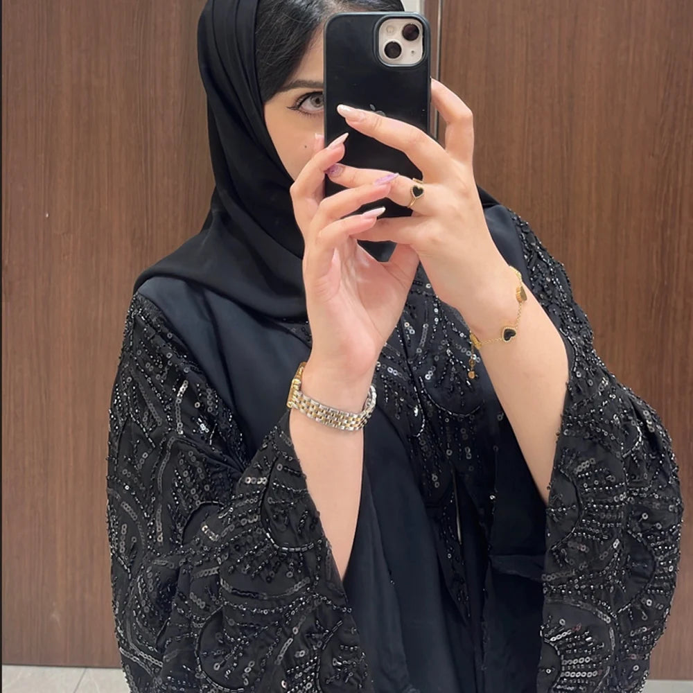 2025 Ramadan Black Beaded Abaya with Hijab – Luxury Dubai Muslim Dress