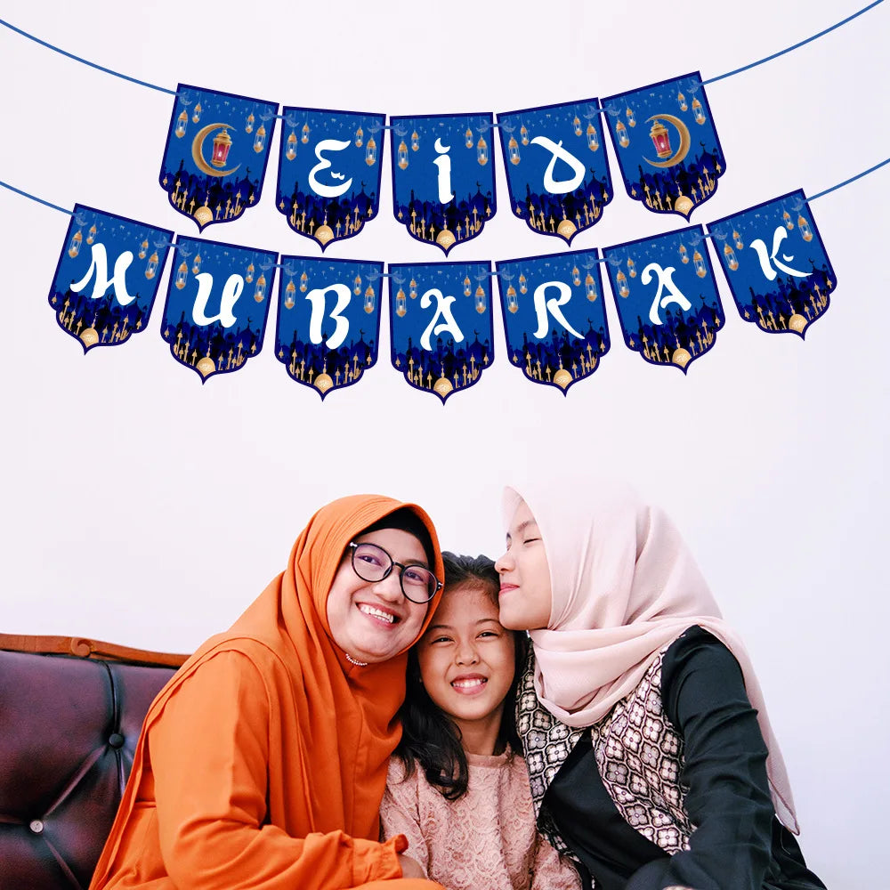EID Mubarak Banner 2025 Decorations Ramadan Kareem Star Moon Garland Bunting Hanging Ornament Muslim Umrah Mubarak home decor
