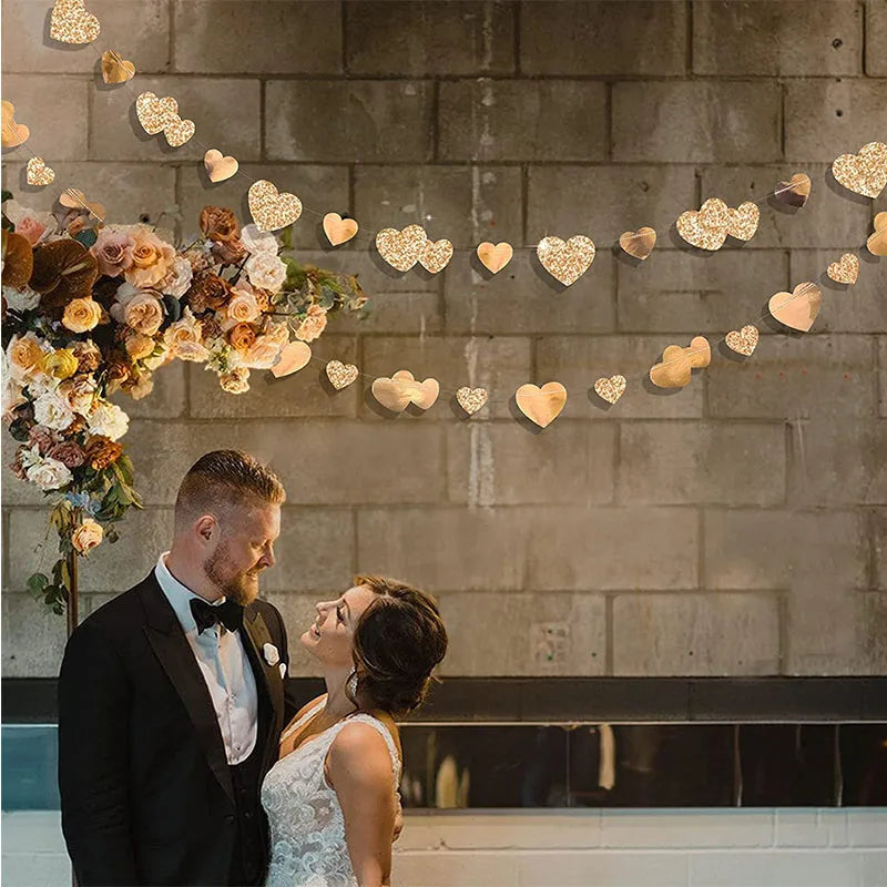 Champagne Gold Party Decorations Star Dots Garlands  Hanging Paper Heart Streamer Banner Wedding Valentine Day Party Flag Decor