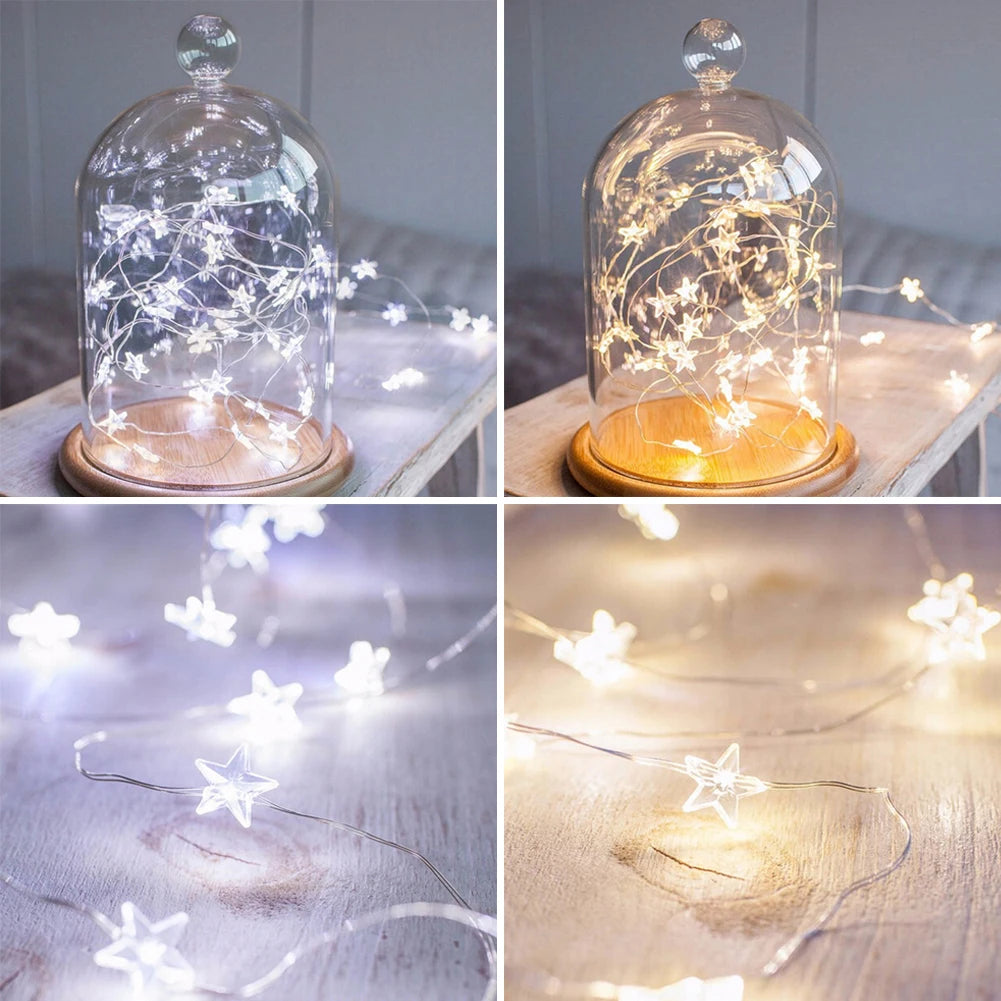 LED Star Copper String Lights, 10–60 LED Fairy Light, Christmas Party & Wedding Decor, Home Outdoor Patio Twinkle Lamps
